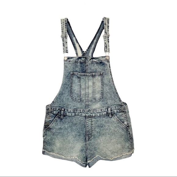 Acid Wash Rolled Jean Denim Bib Short Overalls Size XL - Picture 1 of 7